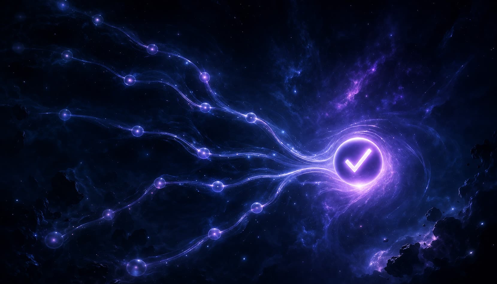 A project plan glowing with distinct deliverable milestones connected by supporting tasks, in indigo and violet.