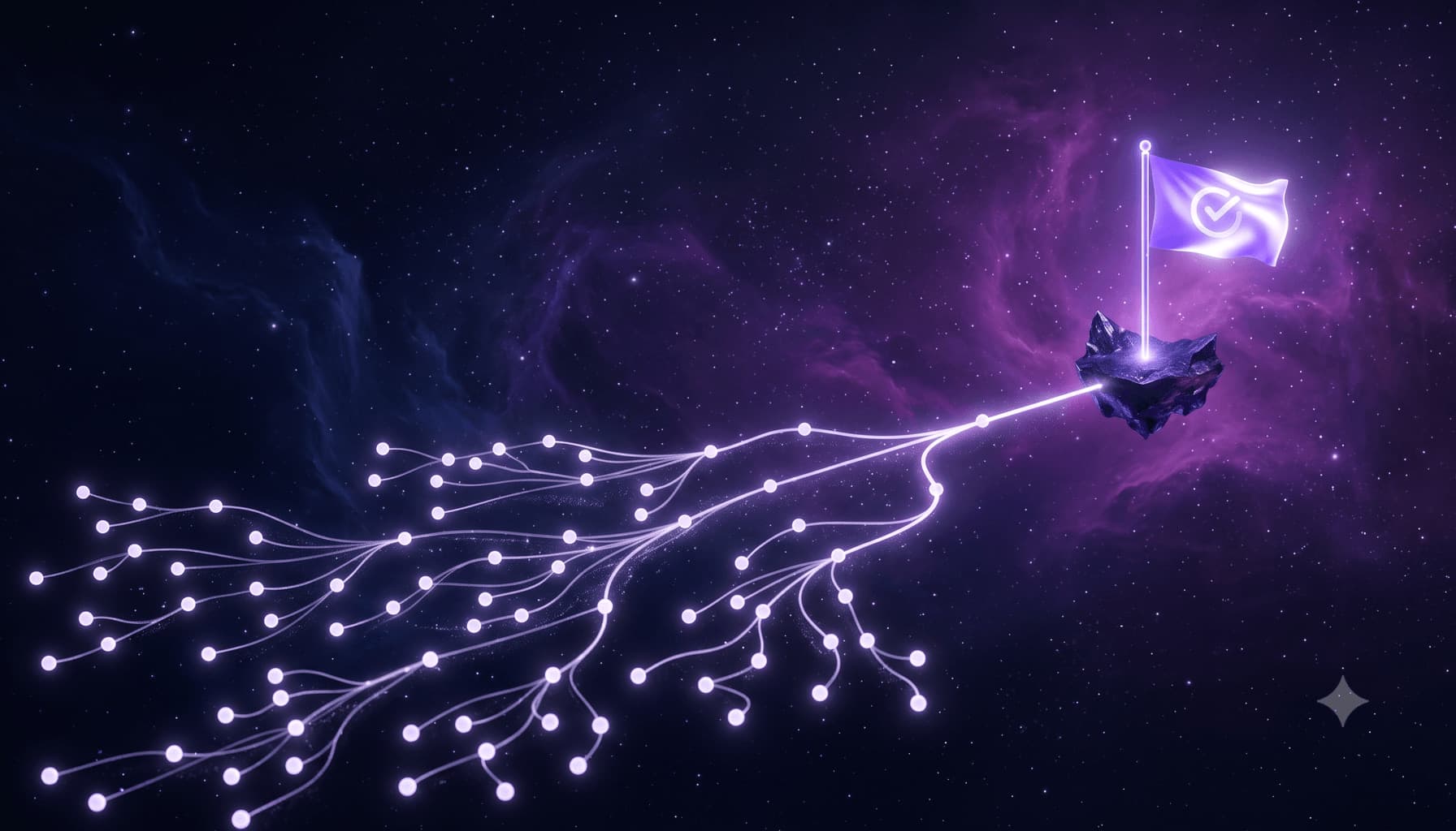 A glowing flag marking a checkpoint along a branching path of task nodes, in indigo and violet on deep navy.