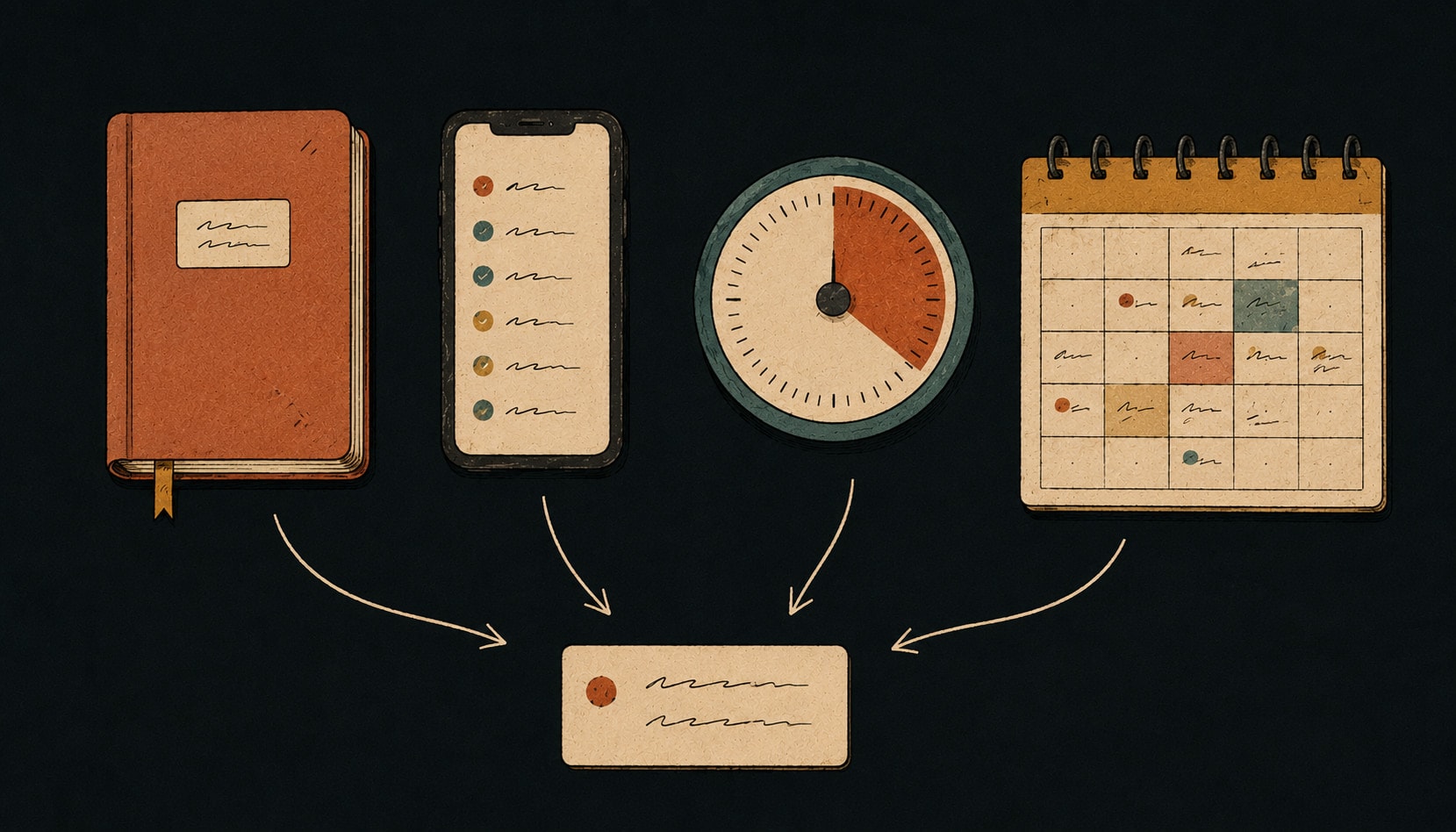 Four overlapping tools drawn as simple objects, with arrows showing capture, remembering, starting and recovering.
