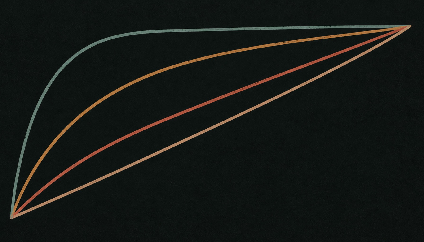 Four hand-drawn cumulative curves of different steepness rising from a shared corner, showing that measured concentrations vary widely rather than all sitting at 80/20.