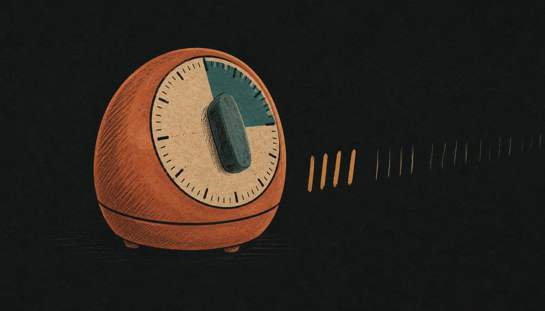 A hand-drawn mechanical kitchen timer on textured paper beside a short row of completed tally marks and a much longer row of faint unfinished ones, in warm ink and clay tones.