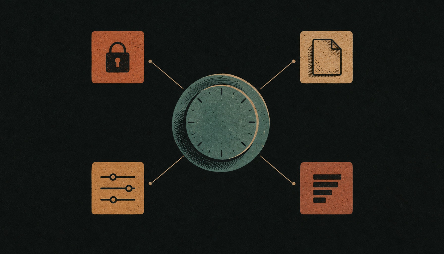 A single circular timer shape in the centre with four separate small cards arranged around it, drawn in warm ink and clay tones.