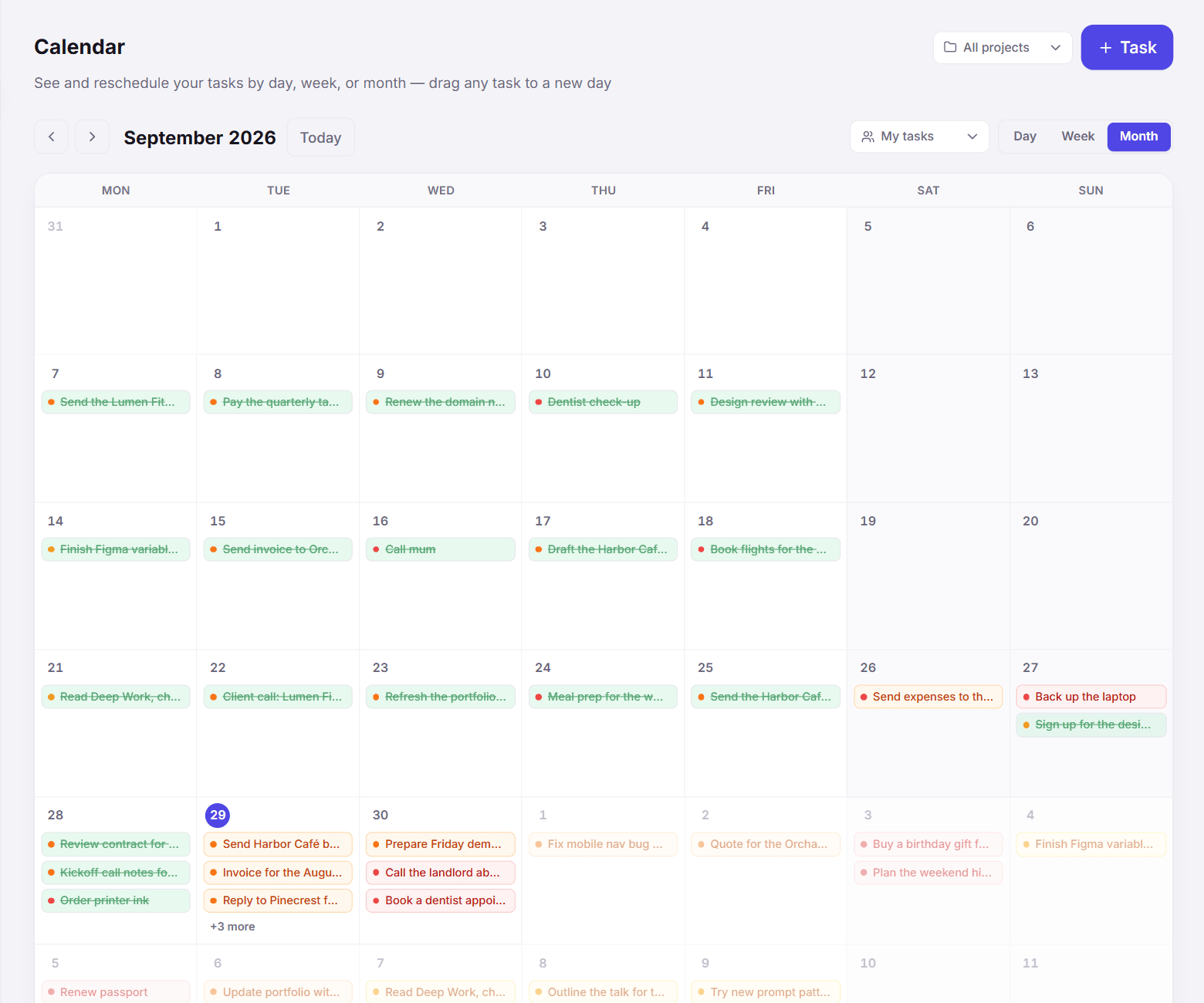 The Taskly calendar in month view, with tasks on each day and finished tasks struck through