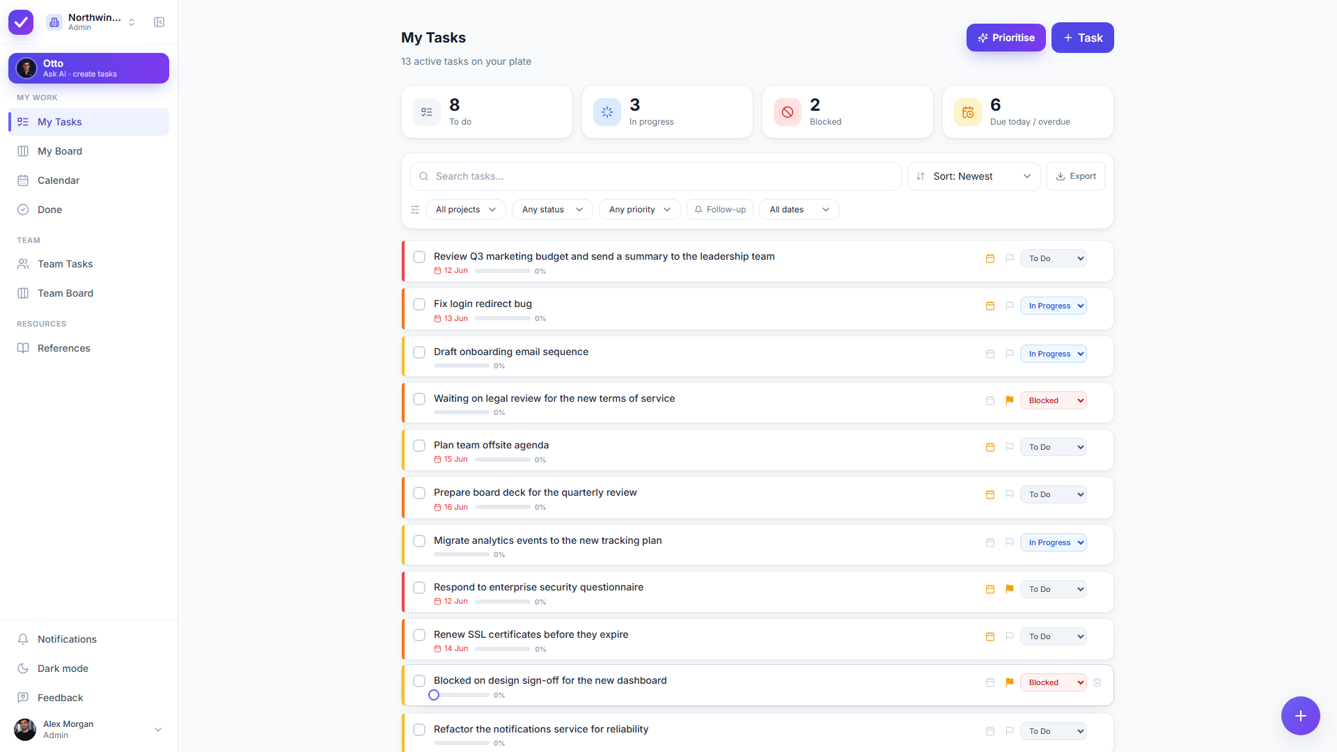 Taskly My Tasks on desktop: live dashboard, filters and a Prioritise button