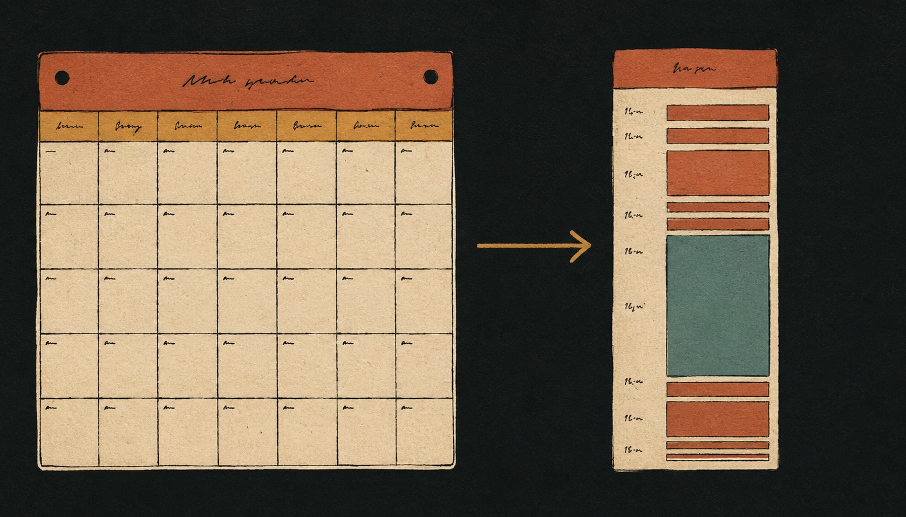 A month grid of small empty boxes beside one tall proportional day column, in warm ink and clay tones.