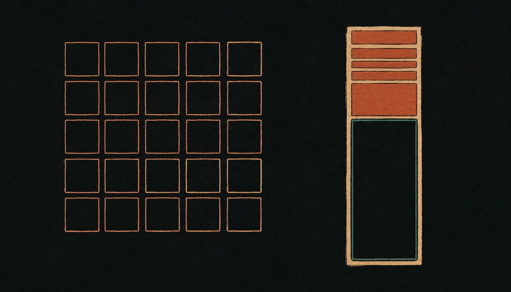A month grid of small empty boxes on the left and a single tall proportional day column on the right, drawn in warm ink and clay tones.