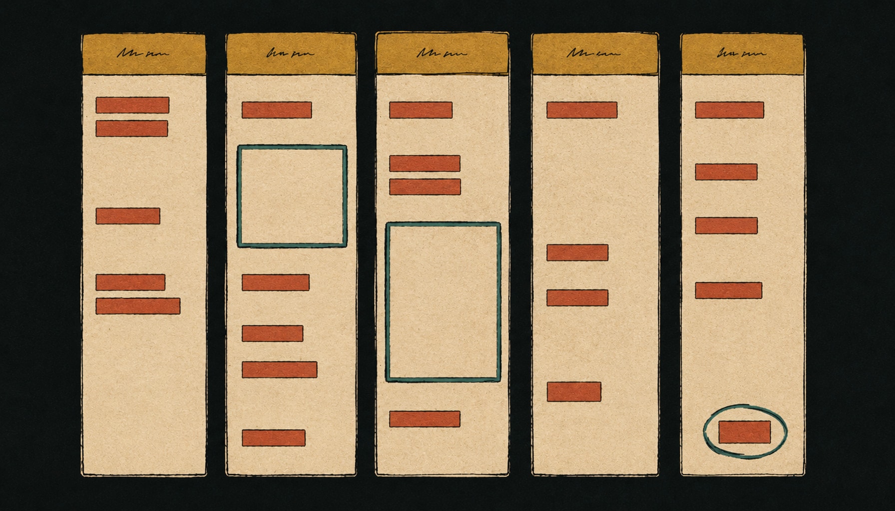 Five day columns holding a handful of solid bars and two larger outlined blocks, with one small recurring block marked at the end of the week, in warm ink and clay tones.