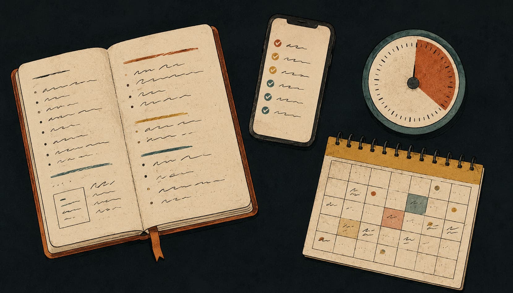 A desk of planning tools drawn in warm ink and clay tones: a notebook, a phone, a visual timer and a wall calendar.