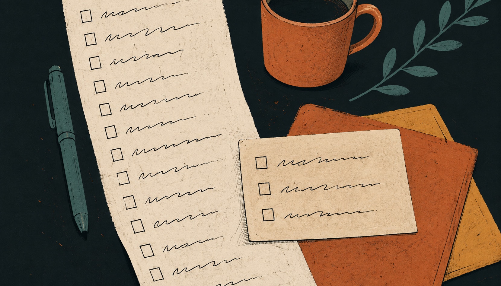 A long handwritten to-do list with three items lifted out onto a small card, in warm ink and clay tones.