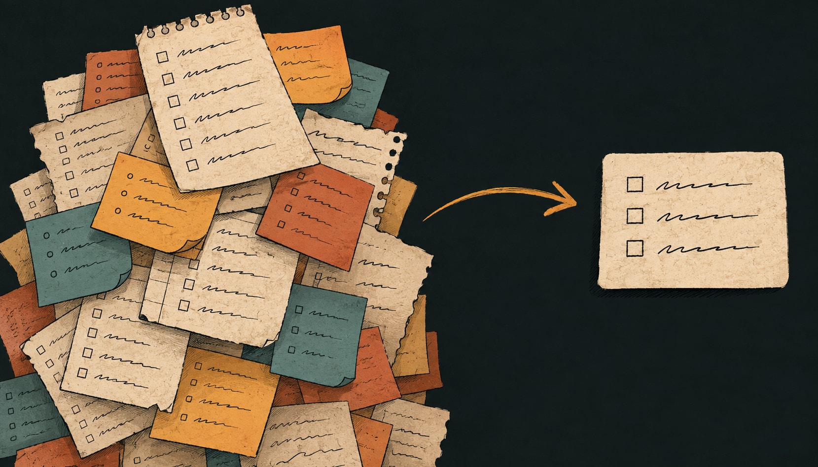 An overflowing pile of list scraps on the left, with three items lifted out onto one small calm card on the right.