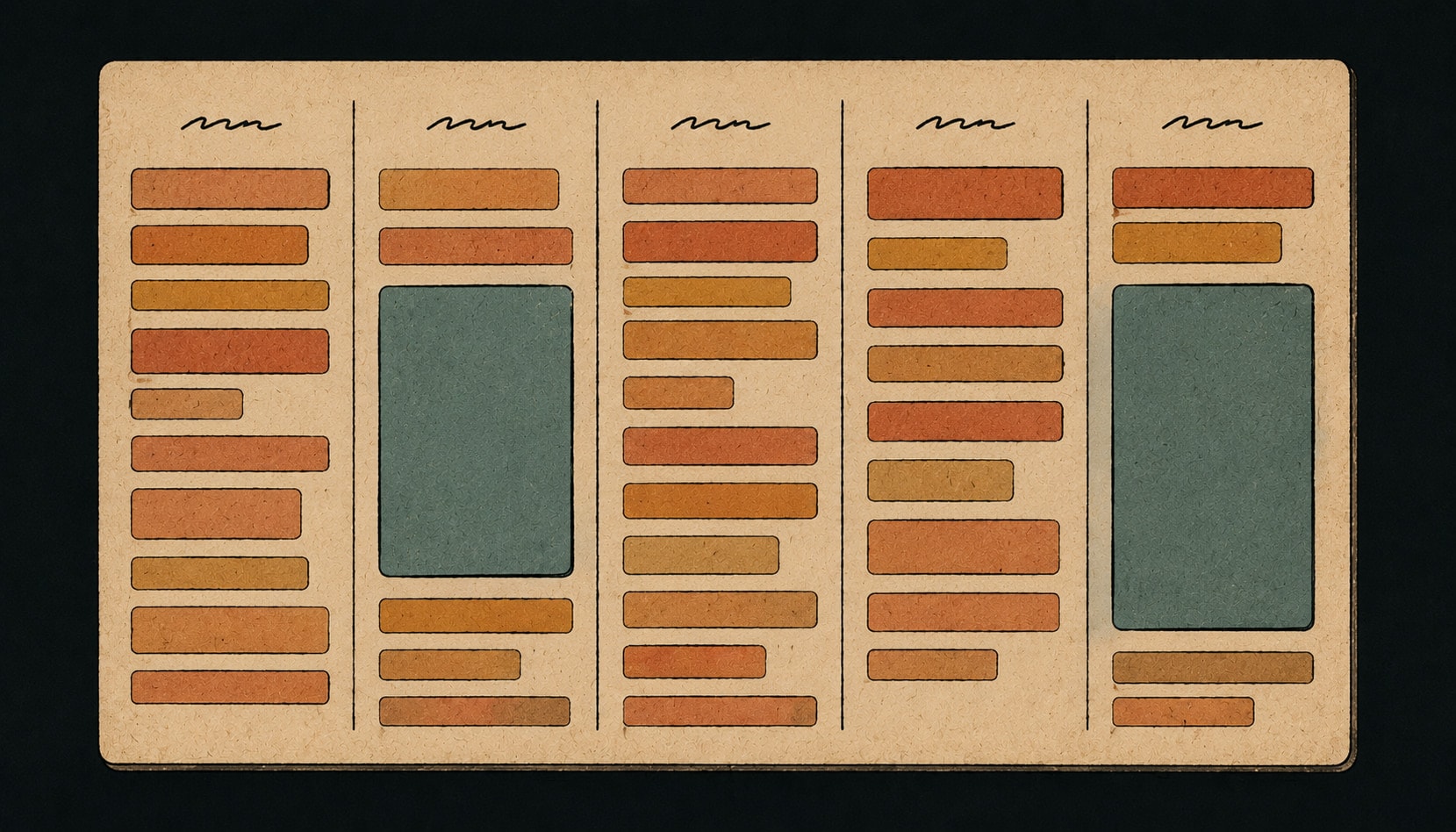 A working week drawn as five columns with meetings as solid bars and two protected blocks, in warm ink and clay tones.