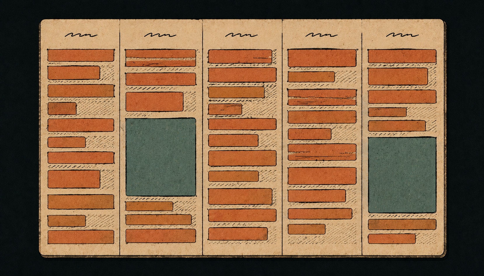 A week drawn as five columns with meetings marked as solid bars and two protected work blocks marked separately.