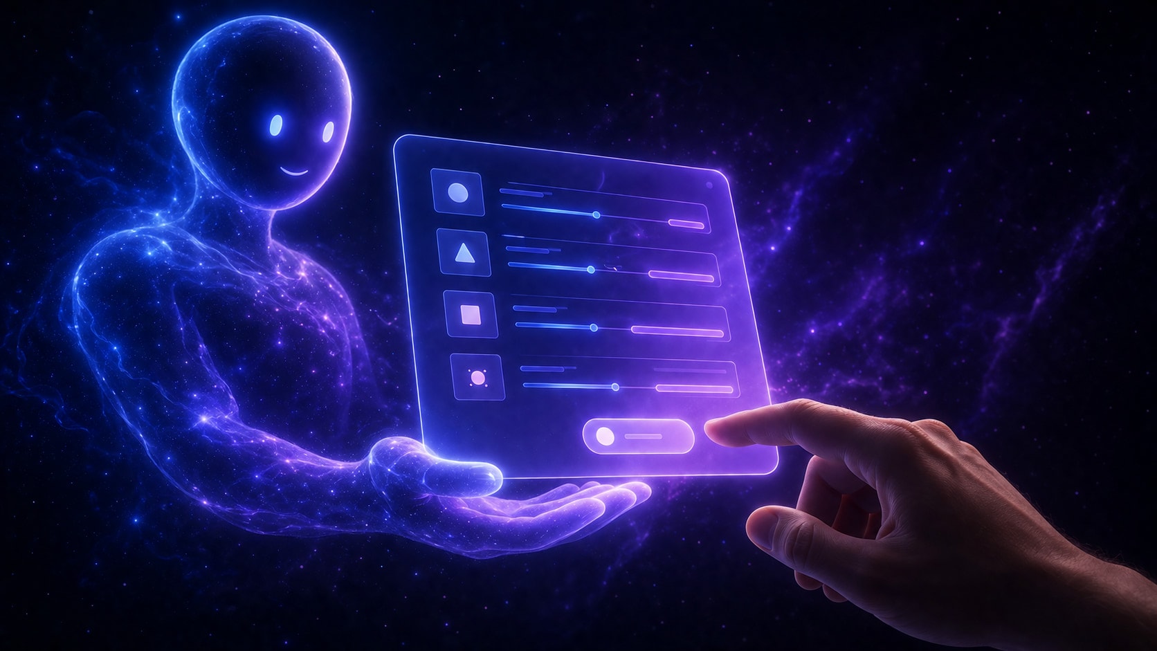 An AI assistant holding out a glowing preview of proposed changes for a human hand to approve.