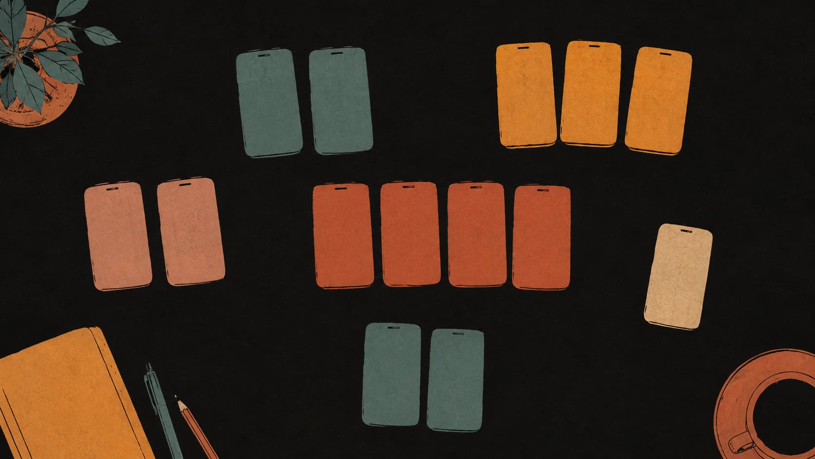 Phone-shaped cards sorted into six separate groups on a dark desk, drawn in warm ink and clay tones.