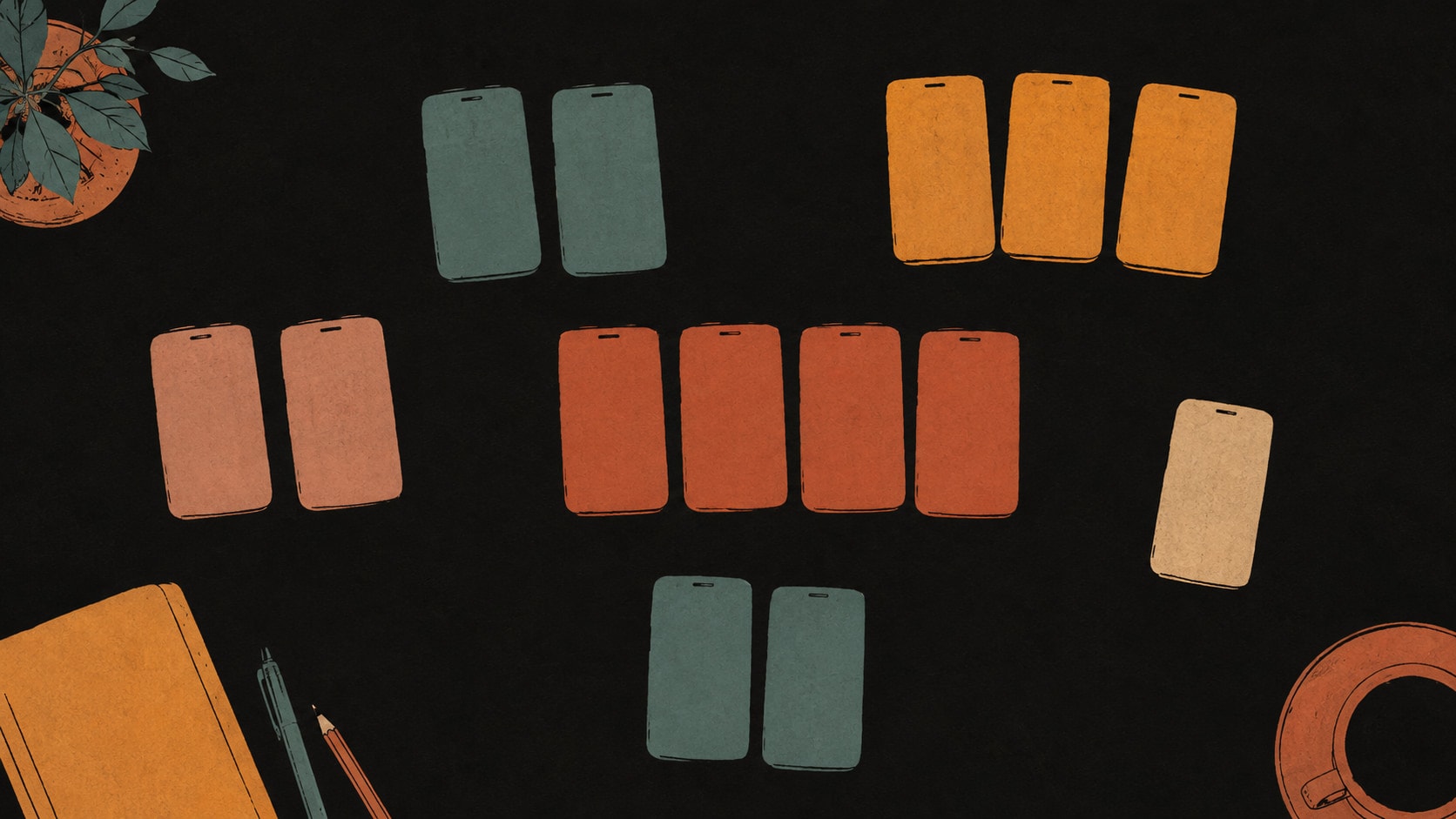 Phone-shaped cards sorted into six separate groups on a dark desk, drawn in warm ink and clay tones.