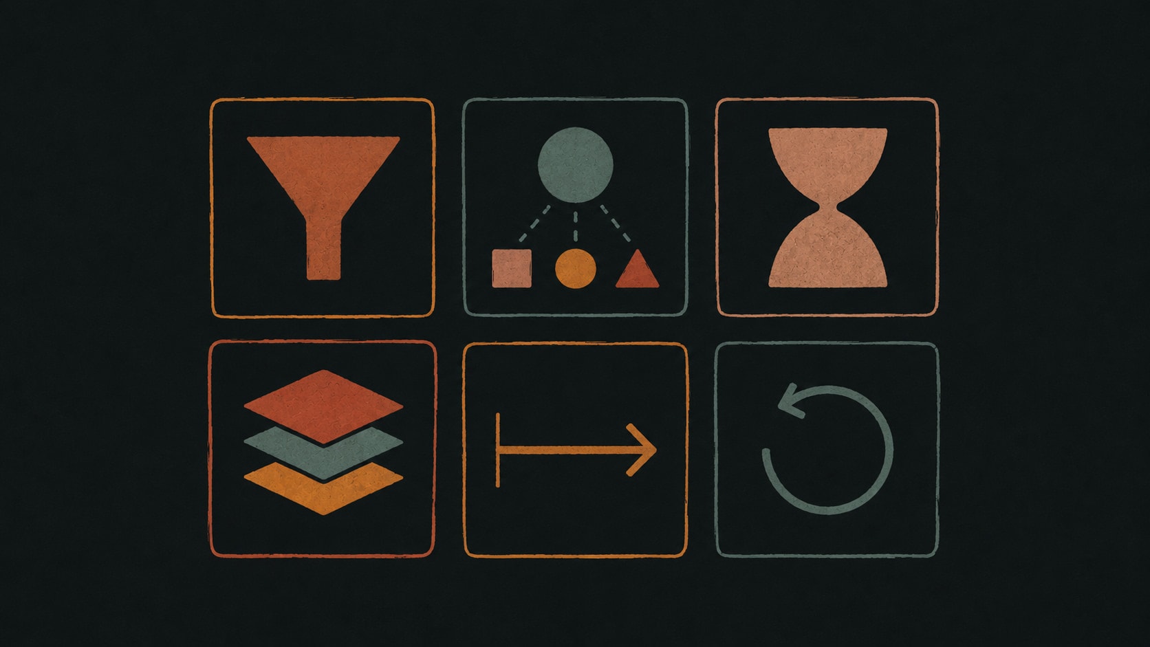 Six compartments in two rows, each holding a different simple icon shape, drawn in warm ink and clay tones.