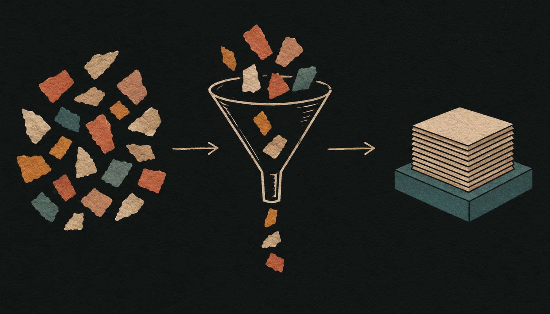 Scattered paper scraps passing through a hand-drawn funnel and becoming a neat stack of cards resting on a solid base, in warm ink and clay tones.