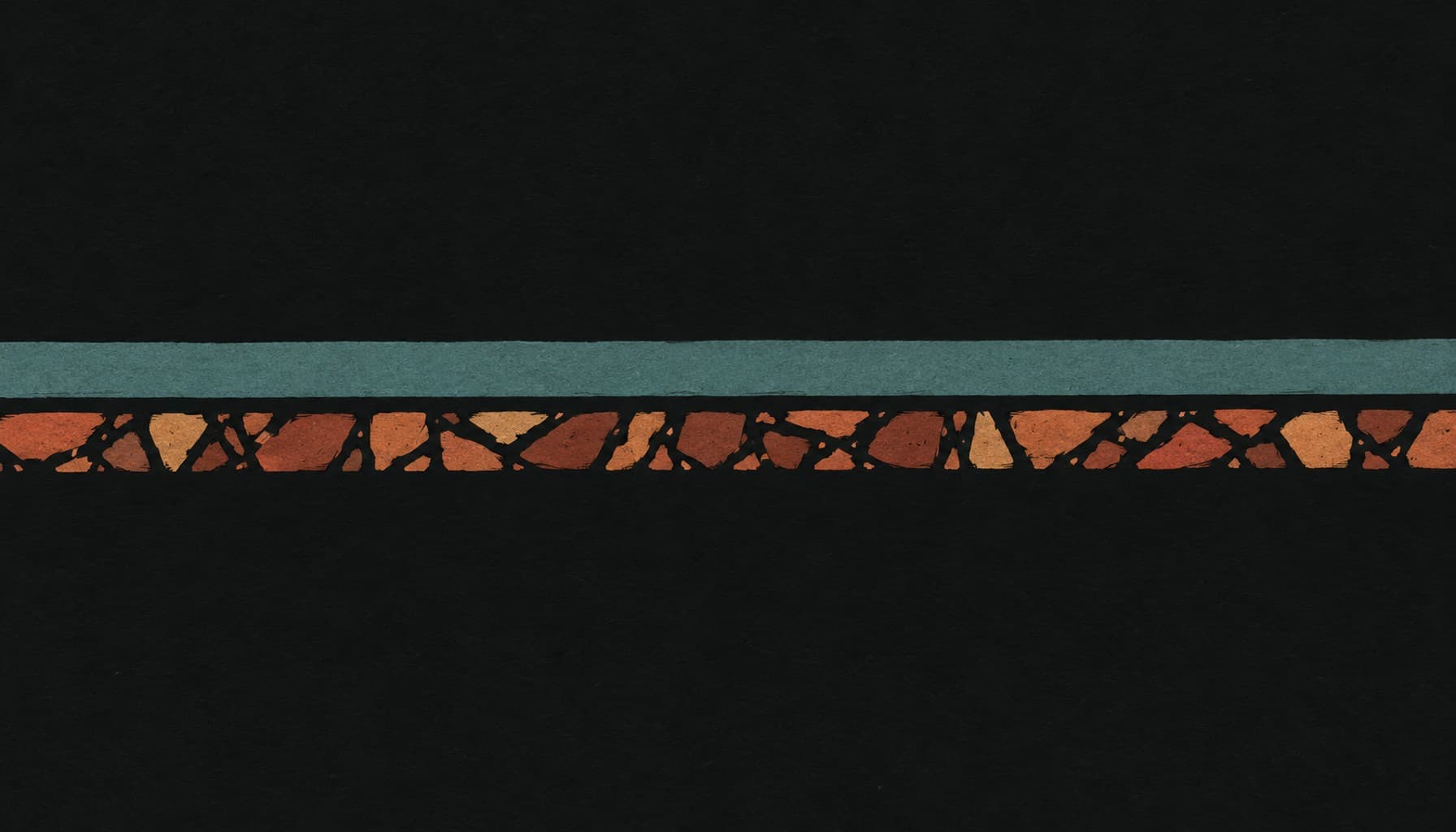 One long continuous band of colour above a second band of the same length broken into many small fragments, in warm ink and clay tones.