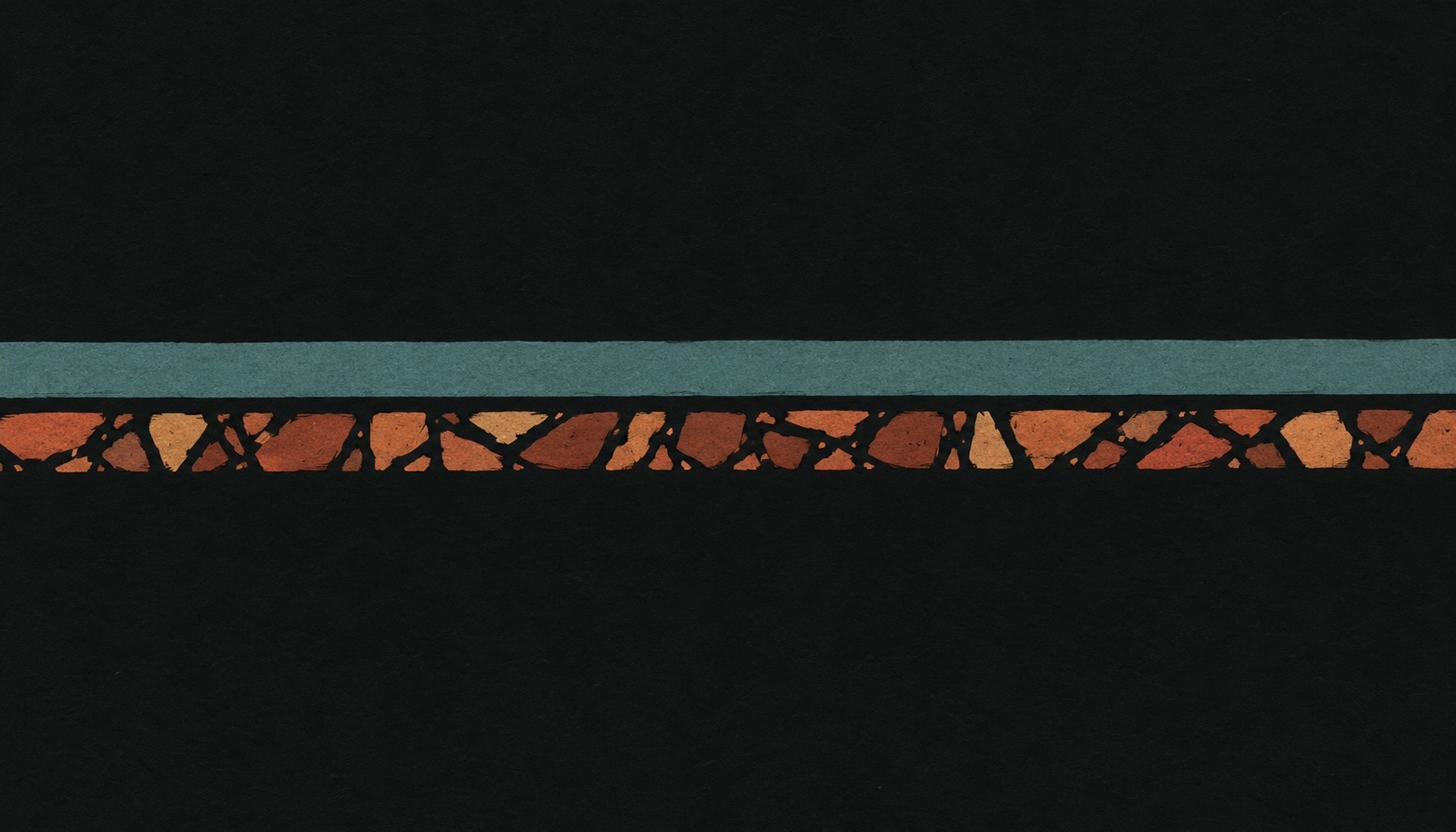 One long continuous band of colour above a second band of the same length broken into many small fragments, in warm ink and clay tones.