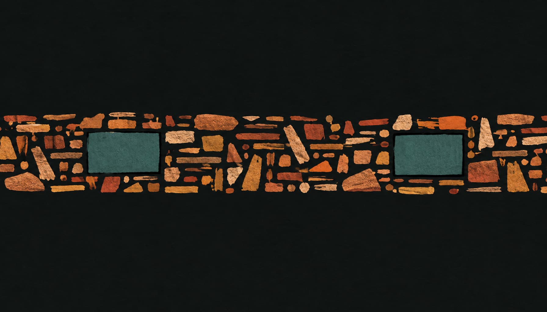 A working day drawn as one long row of short scattered marks with two calm outlined blocks set into it, in warm ink and clay tones.