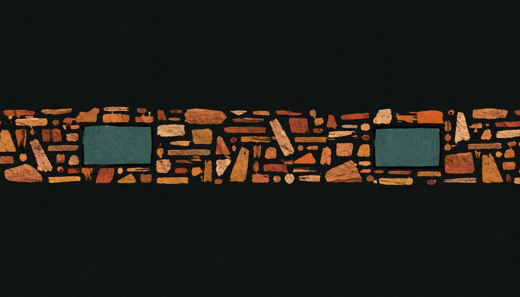 A working day drawn as one long row of short scattered marks with two calm outlined blocks set into it, in warm ink and clay tones.