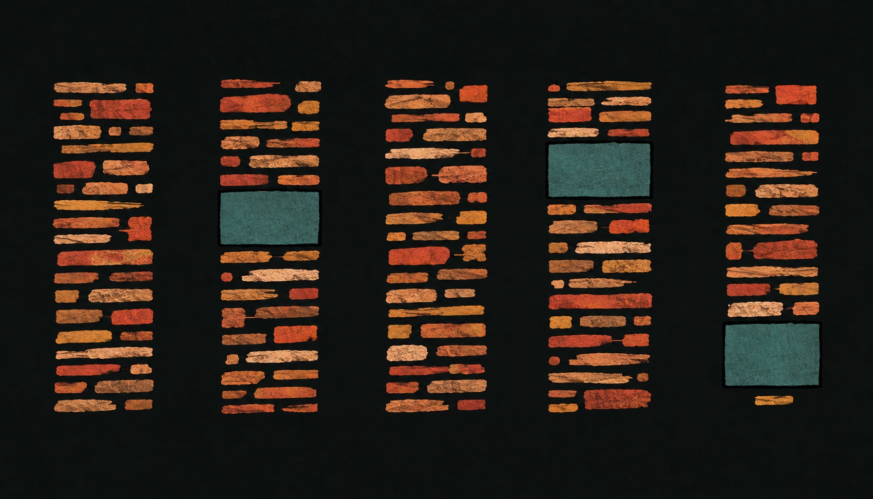 Five day columns crowded with short bars, two of them holding one larger outlined block each, and a single wider block at the end of the week, in warm ink and clay tones.