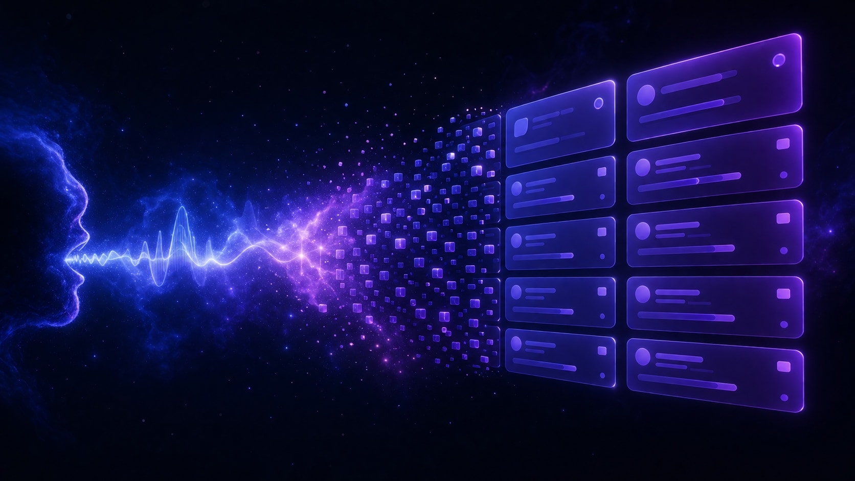 A cosmic dashboard where a spoken sentence becomes organized task cards, glowing in indigo and violet.