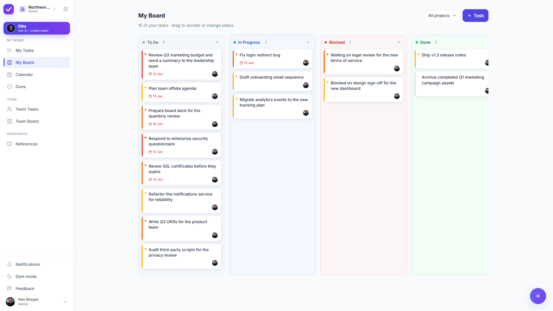 Dragging a card from To-Do into In-Progress on the Taskly board
