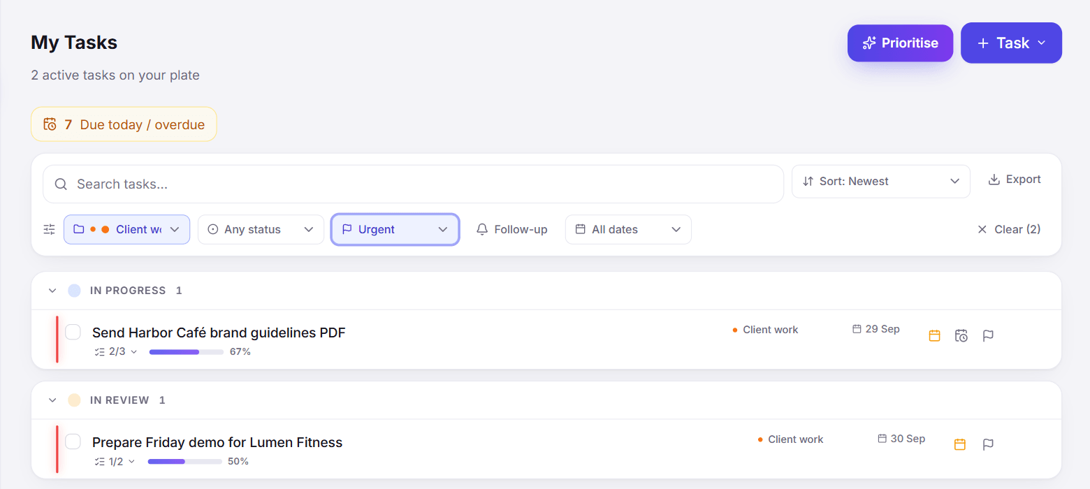 A filtered task list in Taskly, narrowed to one client project