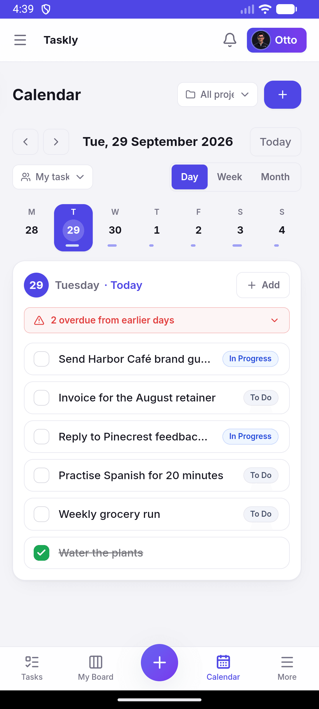 The Taskly calendar in day view on a phone, with a week strip and today's tasks