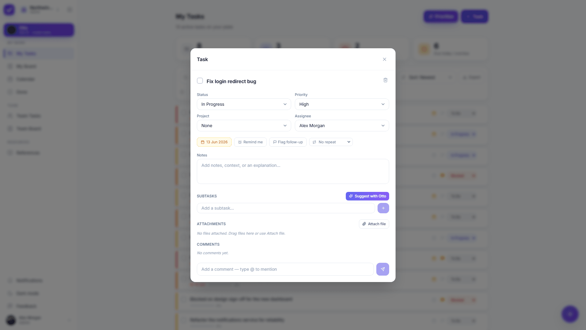 A Taskly task open in detail, showing status, priority, assignee, due date, a repeat setting and a subtasks section