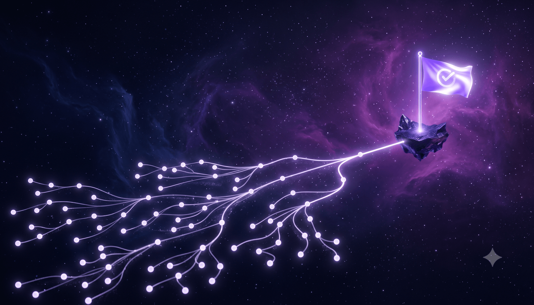 A glowing flag marking a checkpoint along a branching path of task nodes, in indigo and violet on deep navy.