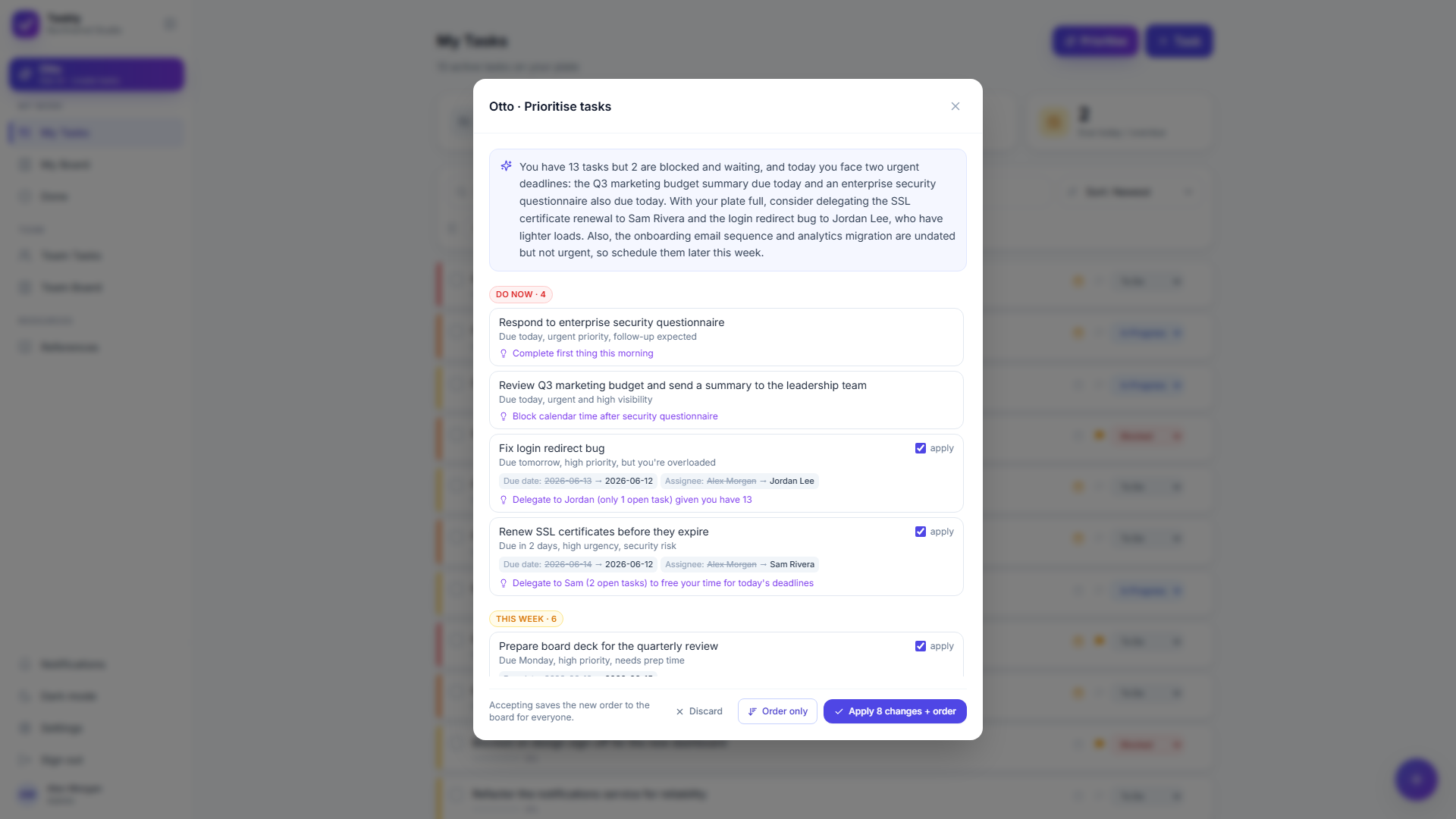 Otto triage grouping tasks into Do now, This week, Can wait, Reconsider